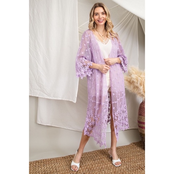 143 Story Lavender Floral Crochet Open Front 3/4 Sleeve Cardigan - Picture 5 of 6